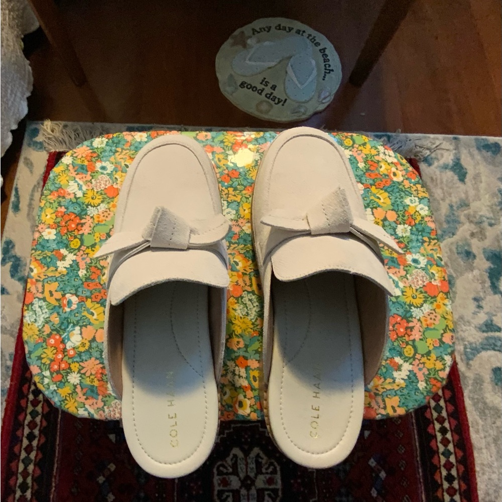 Cole Haan clogs. Brand new. Winter white suede.  Faux wood platform heels.